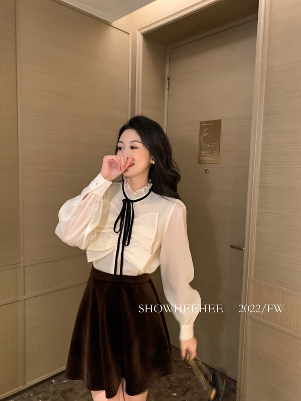 【Xiu Xixi】Elegant celebrity style bow tie with fungus edge collar shirt 9305# JHY