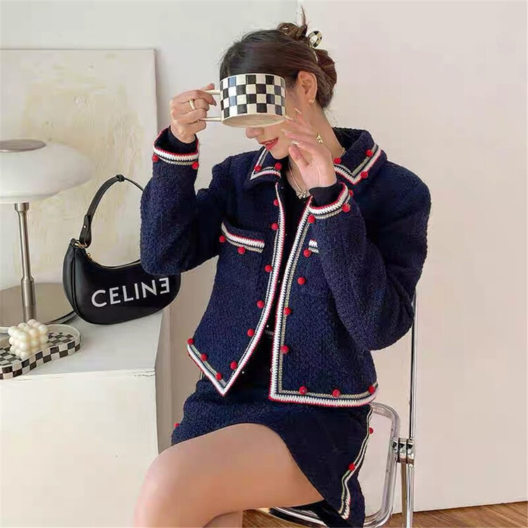 [TAN] Xiaoxiangfeng short coat with contrasting color edge + high waist slim skirt two-piece suit AA2386# JJ