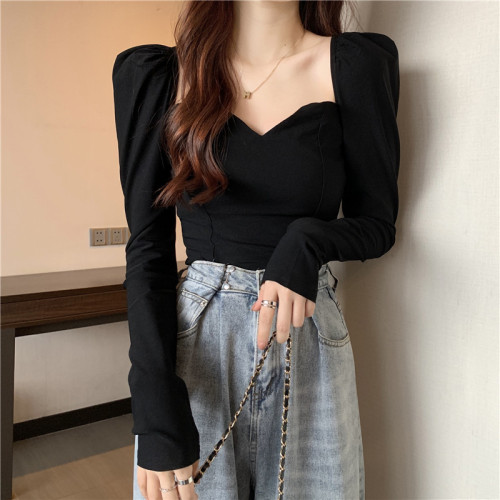 French puff sleeve long-sleeved T-shirt women's spring and autumn new style slimming retro temperament slim top