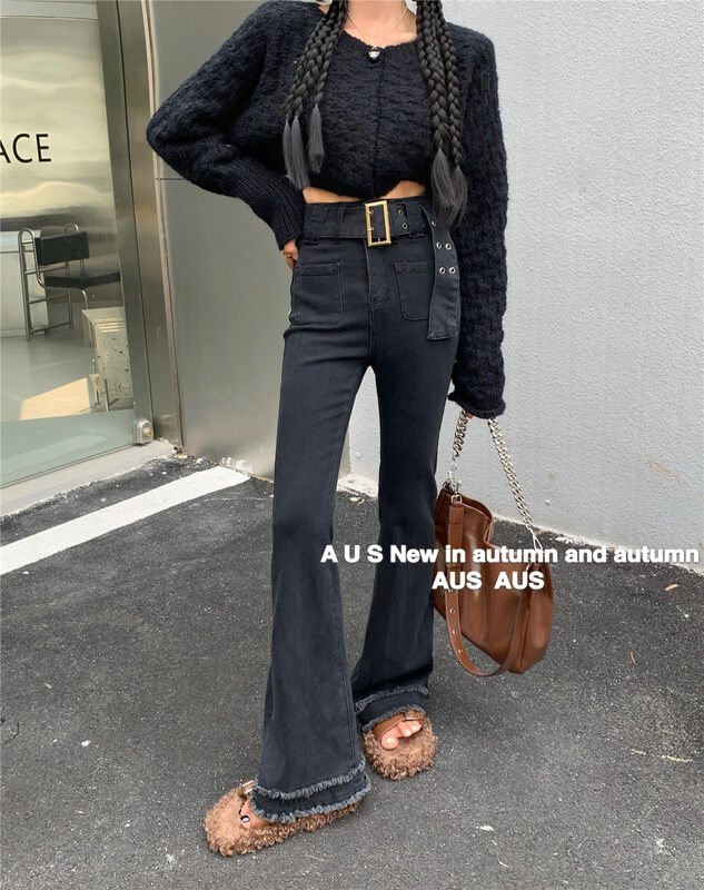 【AUS】Korean High Waist Raw Edge Loose Fleece Jeans (with Belt) G616A-1# LSW