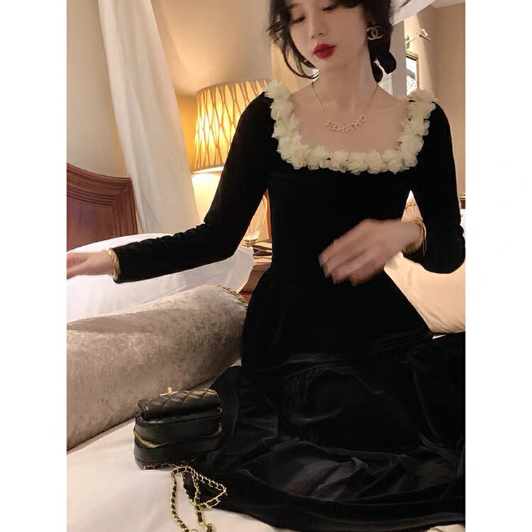 【KIKI STUDIO】French Vintage Velvet Lace Dress 7007# HJY