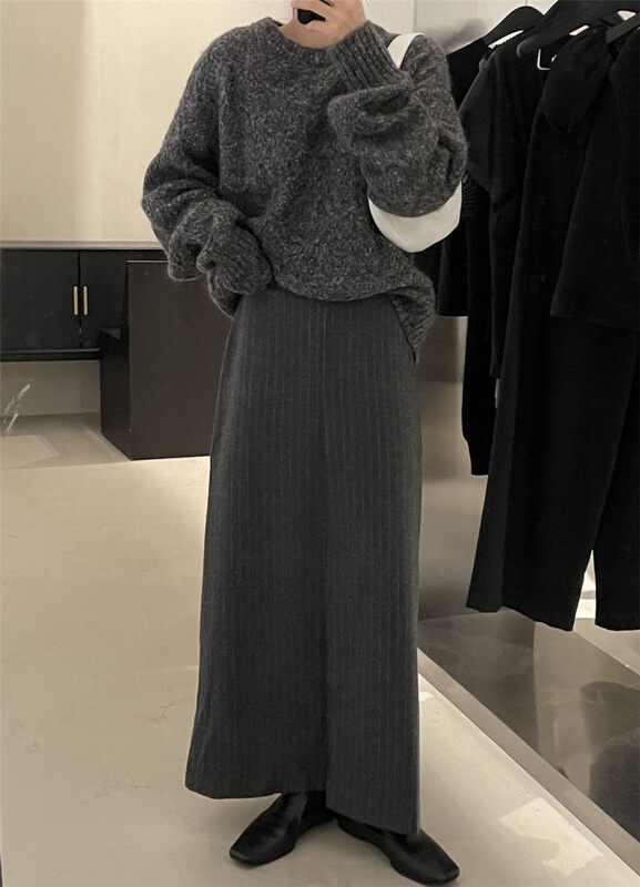 [CLEAN SPACE] Textured Striped High Waist Long Skirt 32798# CQW