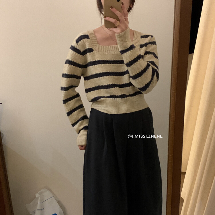 【IMISS】French thickened square collar rabbit fleece striped sweater knitted sweater QK906