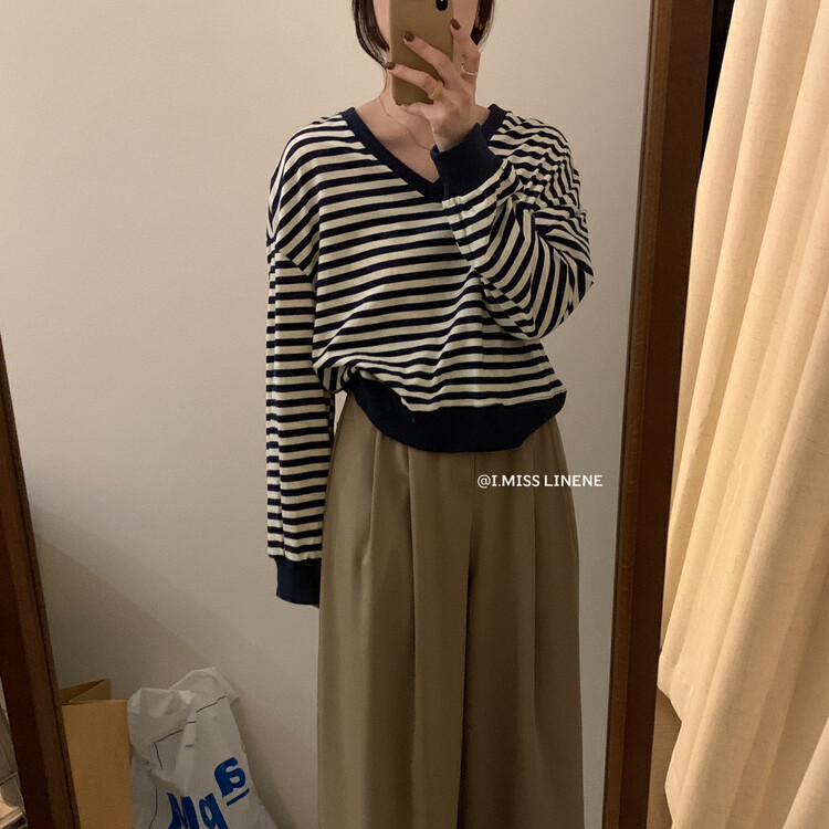 Original price 62.04! 【IMISS】Casual Lazy Striped V-Neck Sweater Sweater QK3536# FHX