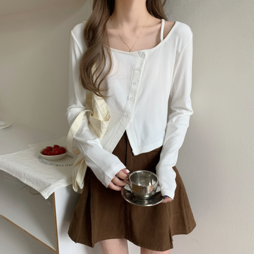 Design sense niche irregular short top women's spring and autumn three-color Korean long-sleeved t-shirt long-sleeved
