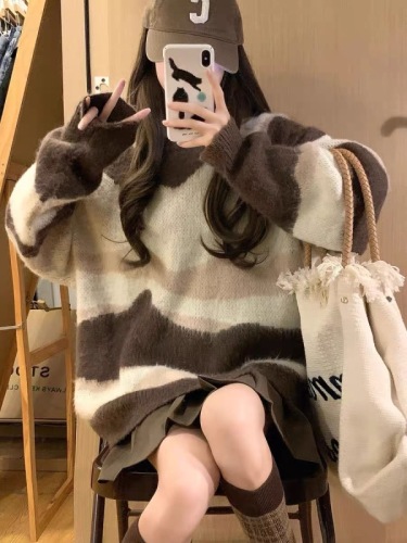 Lazy style contrast color striped milk fufu sweater women's autumn and winter milk wear fashion loose soft waxy top