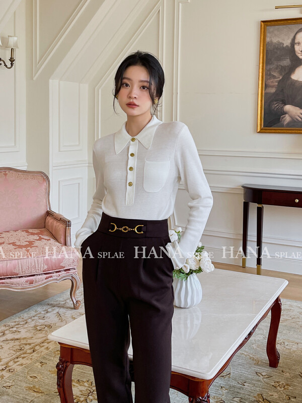 [HANNA Hanna] Simple lapel pullover knitted sweater women's slim fit and thin bottoming sweater knitted sweater H10639