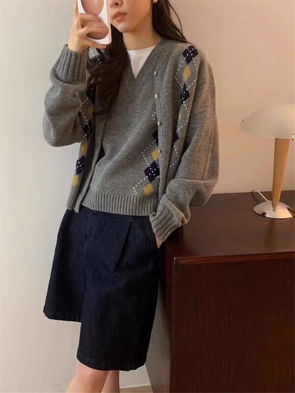 New in winter!【ARE YOU】Single-breasted plaid comfortable warm sweater 350# L