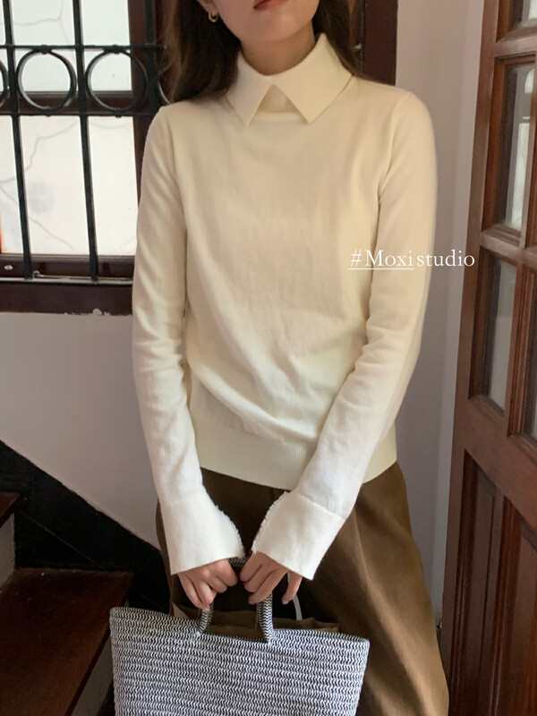 【MOXI】Solid color lapel simple bottoming shirt (including 6% wool) 8862# CQW