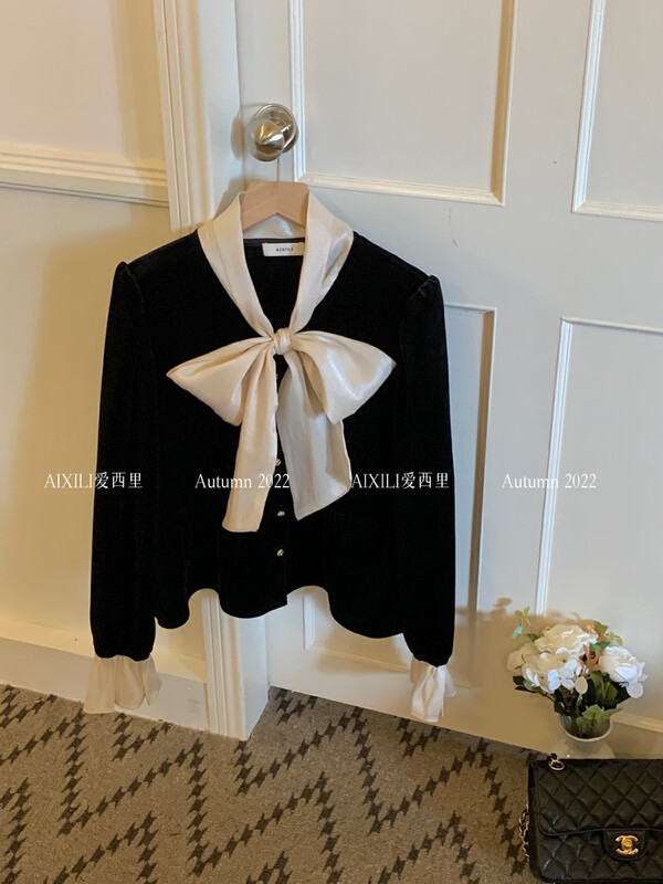 [AIXILI Aixili] Thickened velvet fabric neckline tie shows thin temperament small shirt shirt solid color 7591