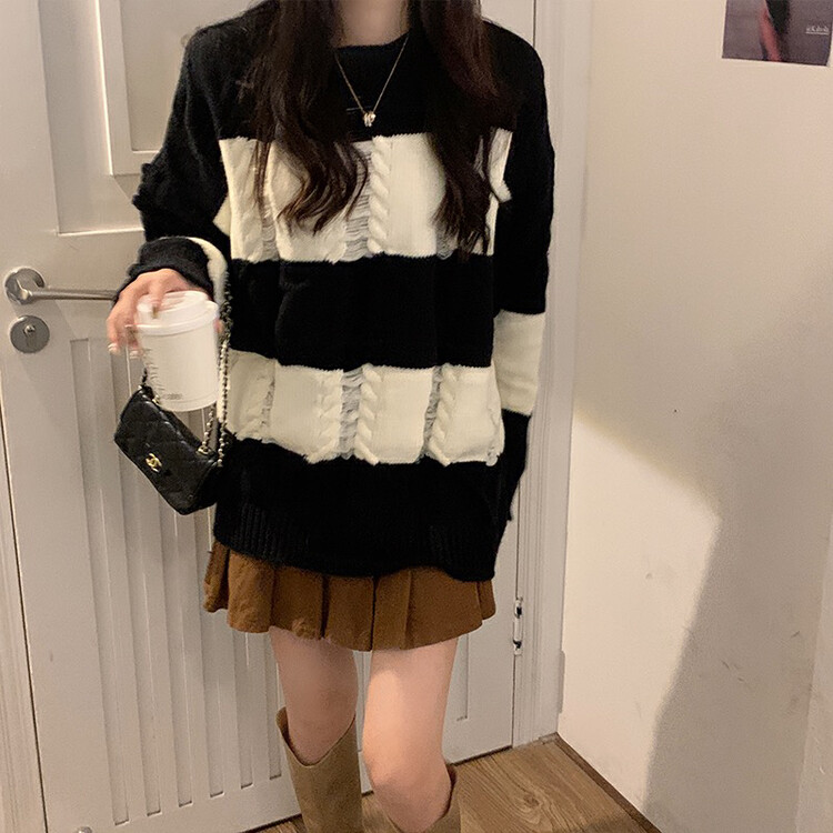 New for winter!  【F·P】Korean Style Contrast Color Striped Round Neck Pullover Warm Sweater Y606FP# HBX