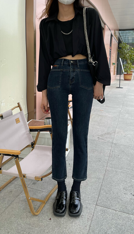 [Enxier] Autumn and winter flocking explosion style slimming and versatile elastic pipe jeans K5523# FHX