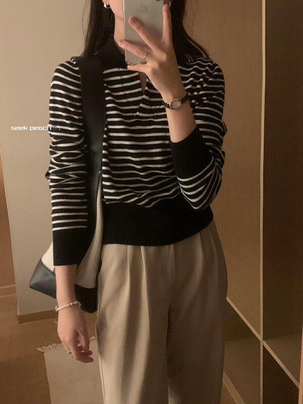 New in autumn! [SEEK PEACH] Korean Polo Collar Striped Warm Sweater s1927# L