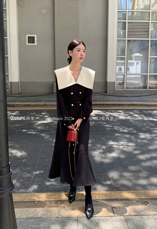 [AIXILI Aixili] Temperament Double Breasted Belted Dress (with Belt) Solid Color 7391