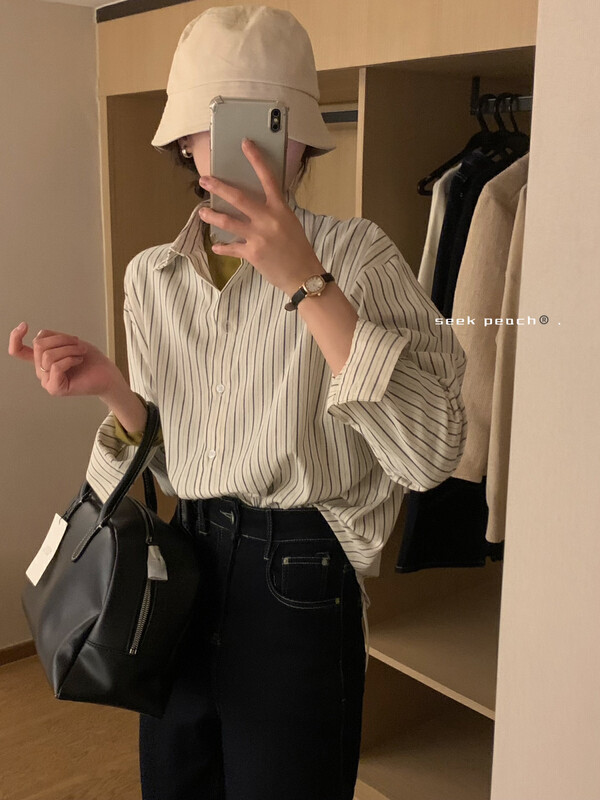 New in autumn!【SEEK PEACH】Single-breasted striped comfortable and versatile shirt (only selling shirts) 5732# L