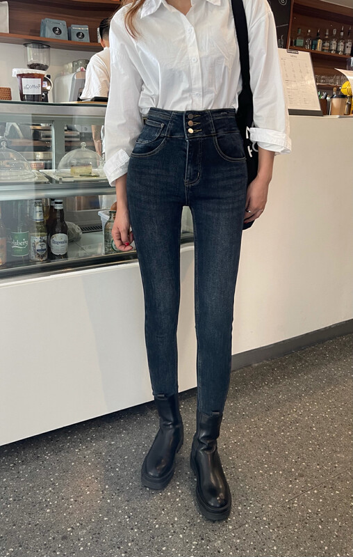 New in winter! [Enxier] Korean version of all-match slim and high-waisted three-button jeans K5663# FHX