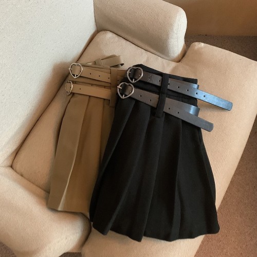 Real auction real price autumn and winter fashion all-match hot girl woolen pleated skirt double belt