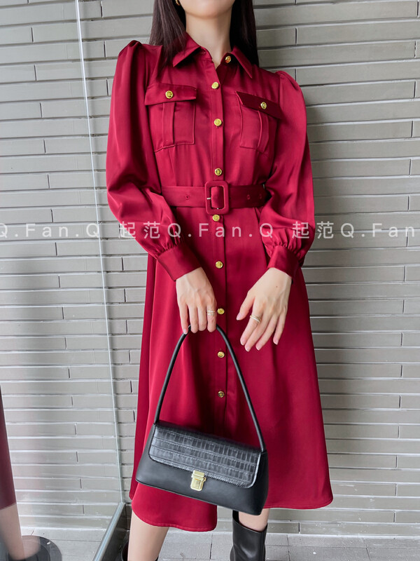 New in winter! [Fan] satin simple and versatile commuter shirt collar dress 80397# JHY