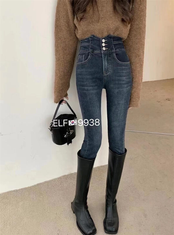 New in winter! [X2 square] high waist small feet comfortable plus velvet jeans YS1-9938# L