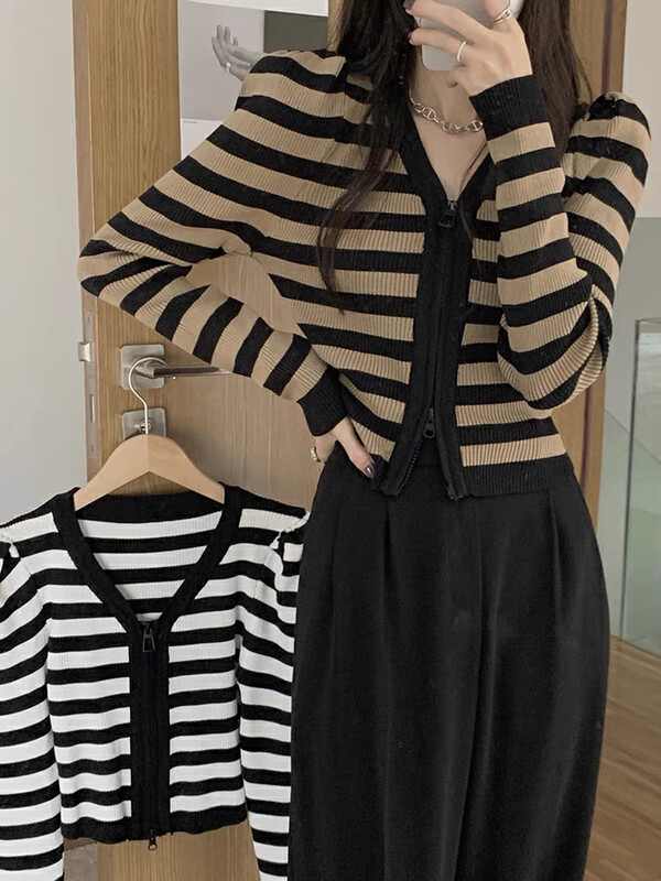 【F·P】Puff-sleeved short double-head zipper stripe French temperament fashion knitted cardigan 95109# HBX