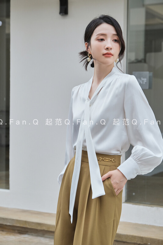 New in early autumn! [Fan] Textured satin bow tie shirt 80171# JHY