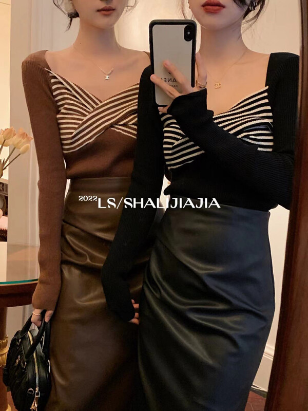 【LS】French niche striped kink knitted sweater M2024
