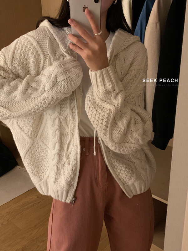 New in autumn! [SEEK PEACH] hooded zipper loose knitted cardigan 11859# L