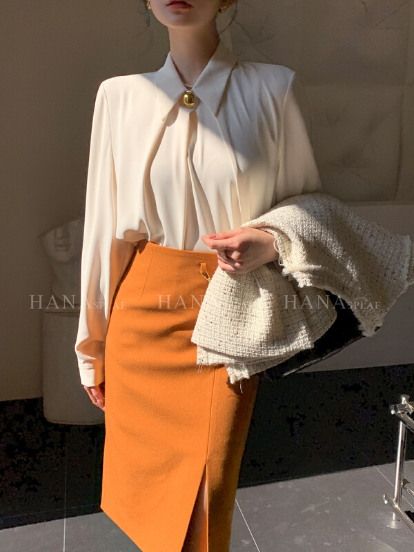 [HANNA Hanna] Workplace commuting chiffon shirt women's intellectual lapel long-sleeved small shirt chiffon shirt H10619
