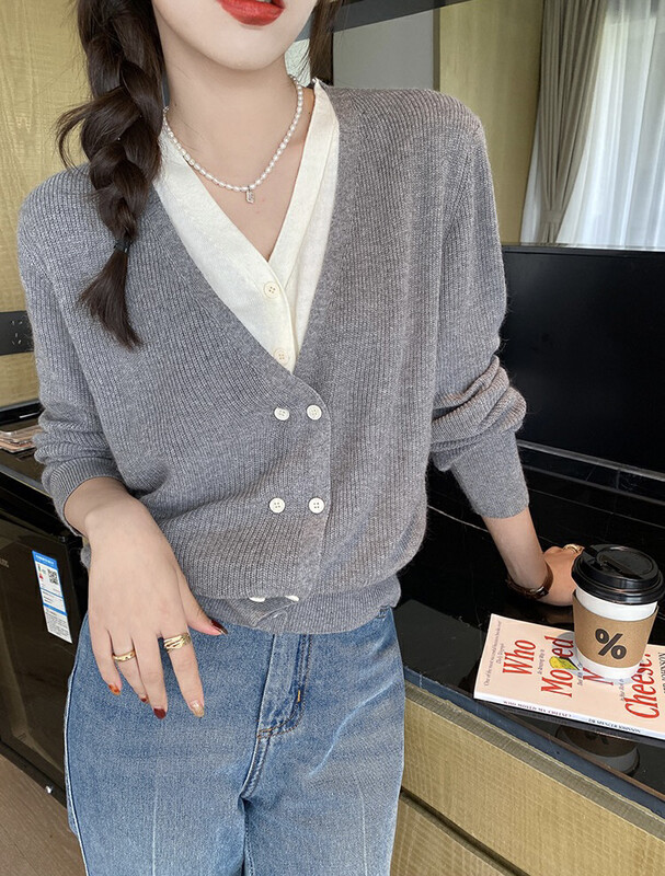 【F·P】Korean version long-sleeved fake two-piece knitted cardigan 5346# HBX