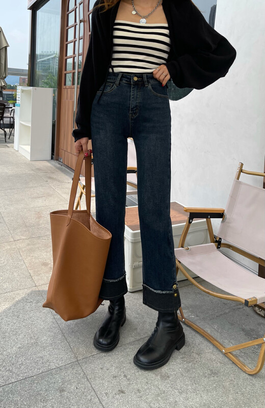 New in winter! [Enxier] Flocking Korean version of all-match thin temperament smoke pipe jeans K5653# FHX