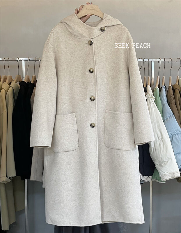 【SEEK PEACH】Single-breasted hooded loose and comfortable wool coat (including 100% wool) 7713# L