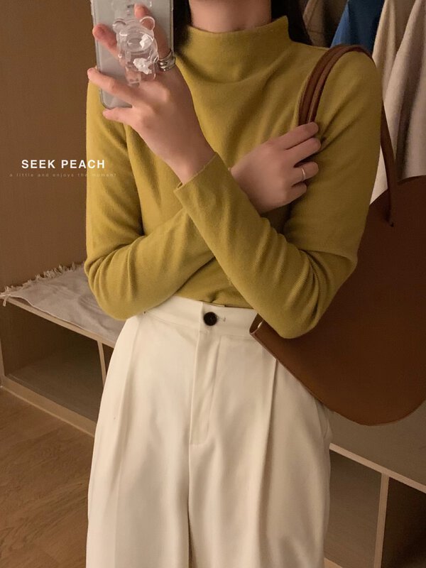 Autumn is new! [SEEK PEACH] Simple solid color all-match bottoming shirt (32% acid cashmere, 32% mercerized wool) 1959# L