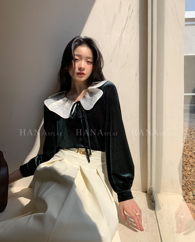 [HANNA Hanna] [Hanna] French retro velvet sweater women's 22 autumn new ruffled chiffon shirt H10616# JHY