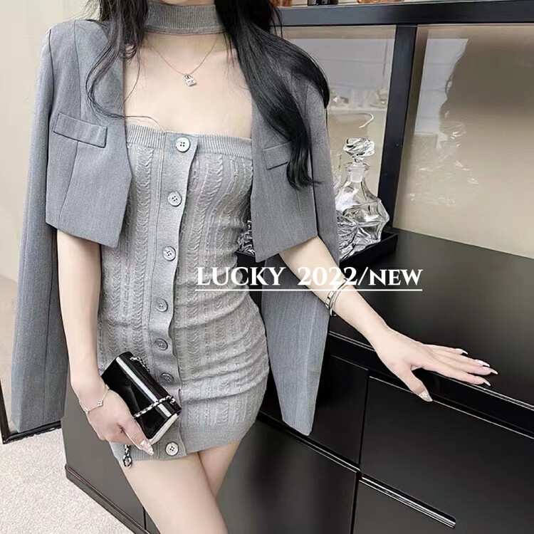 【LUCKY】Simple short coat + slim dress two-piece suit 9560# ZXX