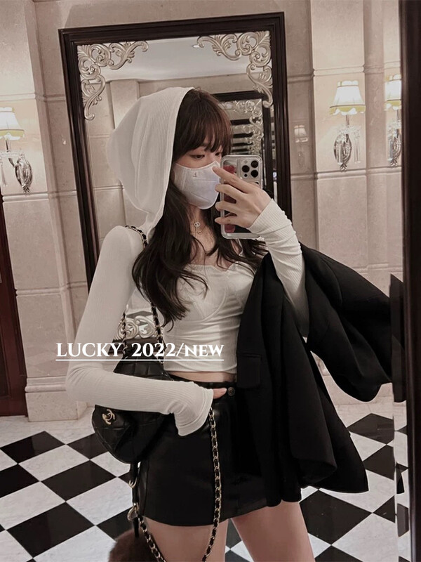 【LUCKY】Solid Color Slim Fit Hooded Short Shirt 9571# ZXX