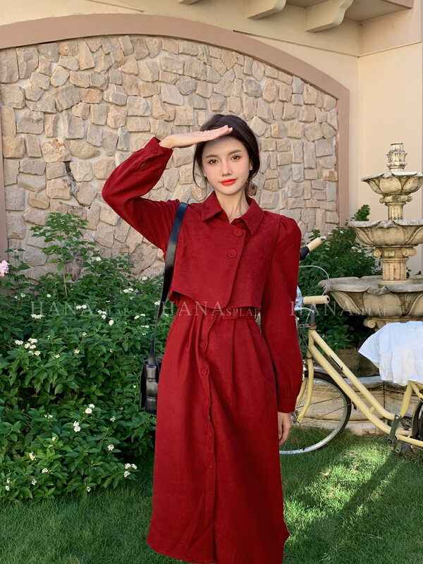 [HANNA Hanna] [Hanna] Corduroy waist dress 2022 new autumn dress (with belt) H5563