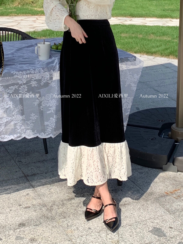 [AIXILI Aixili] velvet and lace slim skirt and skirt little woman 7052