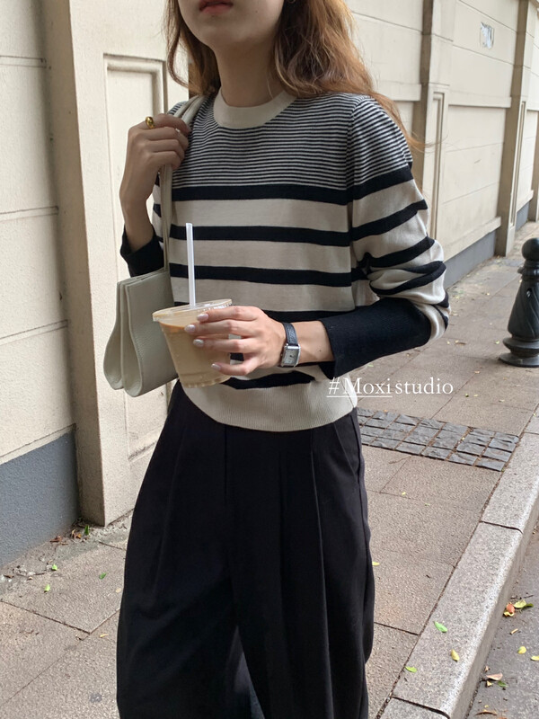 New in autumn! [MOXI] Korean classic striped knitted sweater warm sweater (50% wool) 58769# CQW