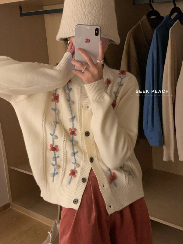 New in autumn! [SEEK PEACH] Hand-crocheted sweet knitted cardigan 11867# L