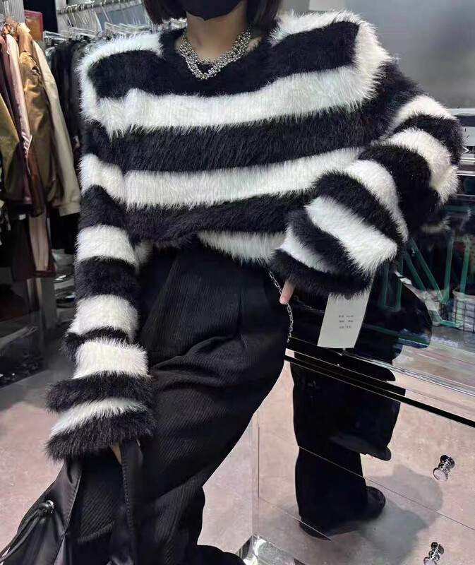 【F·P】Furry and Comfortable Striped Pullover Long Sleeve Warm Sweater Q030FP# HBX