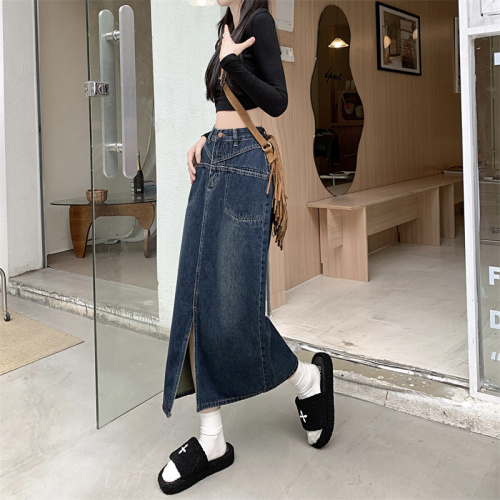 Real shot denim skirt women's autumn and winter  new design sense long skirt high waist thin slit a-line skirt