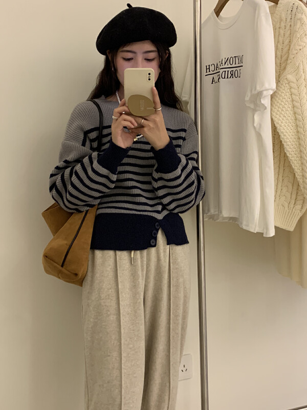 New in winter!【ARE YOU】Round Neck Striped Comfortable Pullover Warm Sweater 573# L