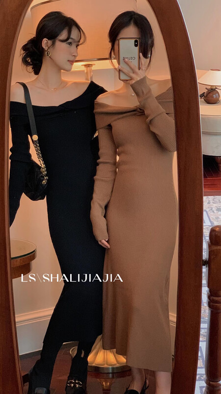 【LS】Hong Kong-style retro one-shoulder knitted dress M2020