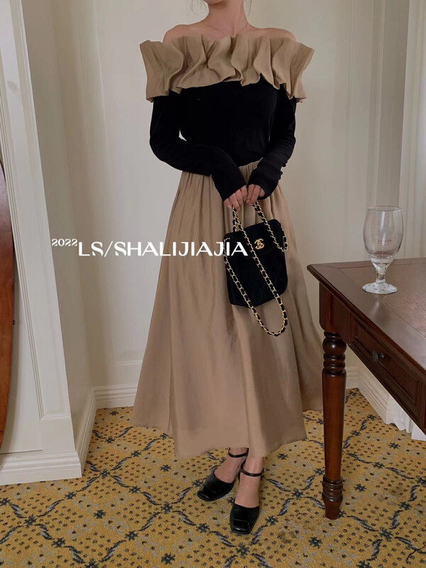 [LS] High-quality one-shoulder contrast stitching dress 51075# JHY