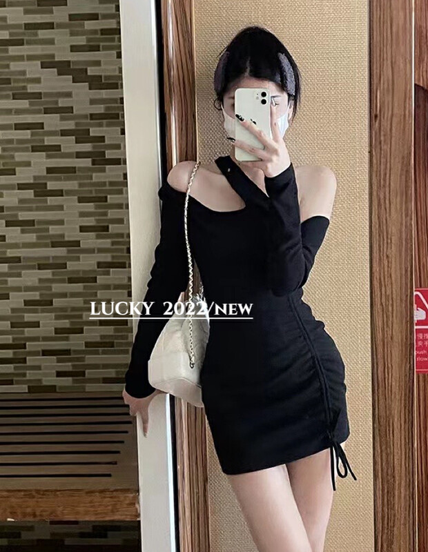 【LUCKY】Western-style slanting off-shoulder drawstring waist dress 9618# ZXX