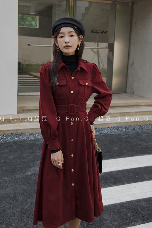 New in winter! [Fan] Corduroy loose and slim dress (with belt) 80396# JHY