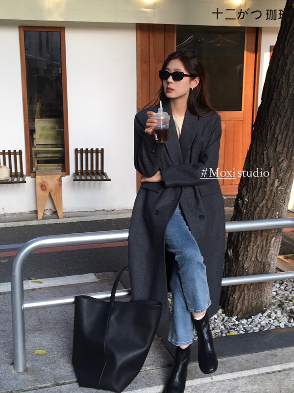 【MOXI】Korean simple temperament long all-match wool suit jacket (including 50% wool) 2006# CQW