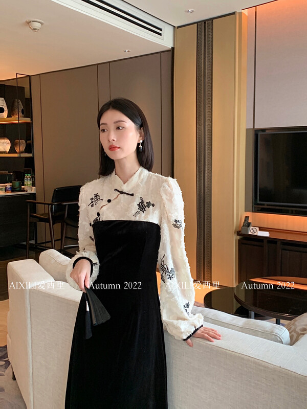 【AIXILI】Stand-collar Chinese style slim one-piece dress print 7062