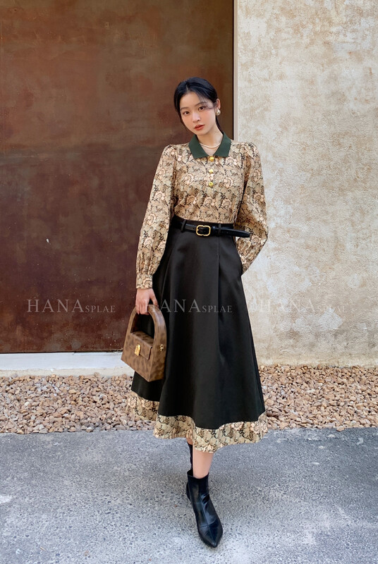 [HANNA Hanna] [Hanna] Elegant retro skirt 22 autumn new printed skirt (with belt) H3517