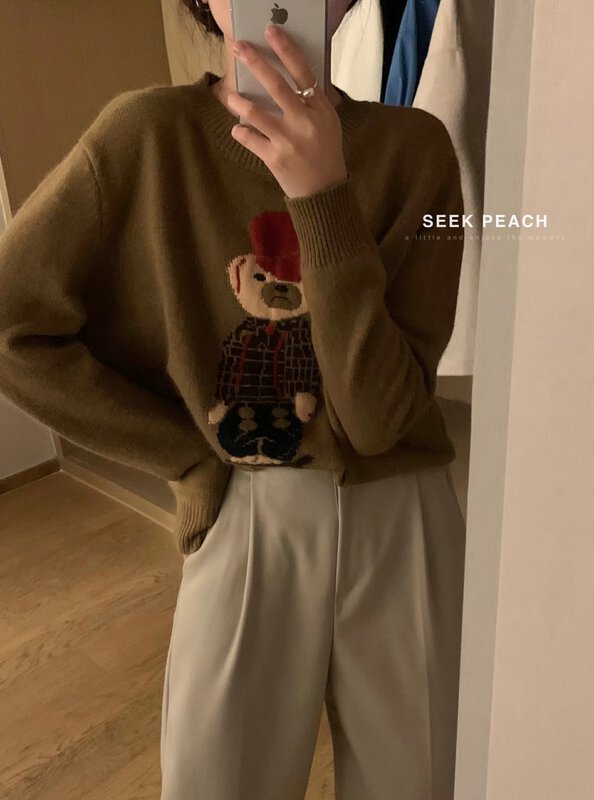 New in autumn! [SEEK PEACH] round neck pullover raccoon fur cool bear warm sweater 1951# L